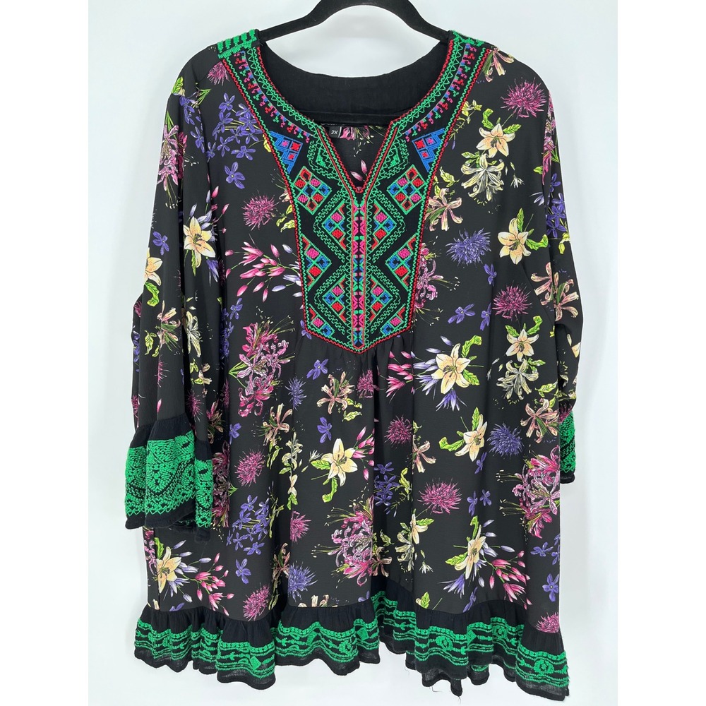 Colorful Tunic Blouse 2X Black Green Floral Embroidered Boho Peasant Top Caleoas
